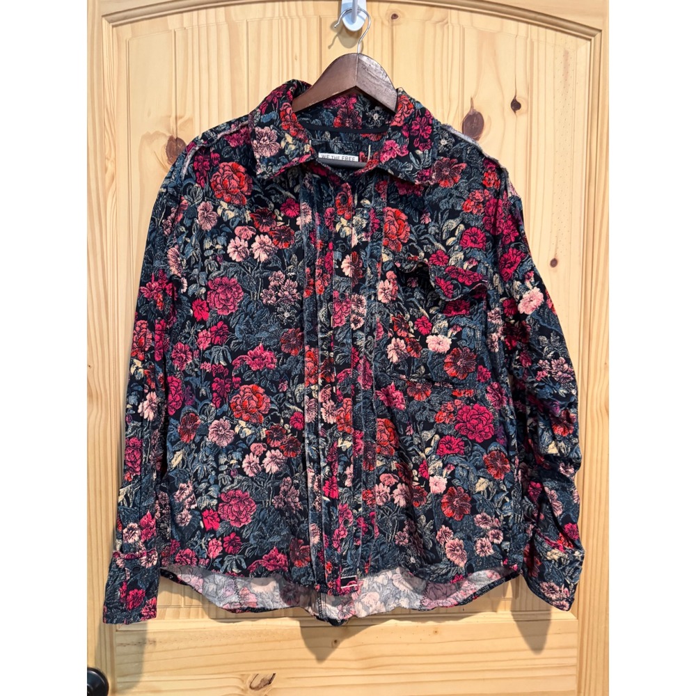 We The Free by Free People Floral Corduroy Button Down Shirt Red Blue M OB925841